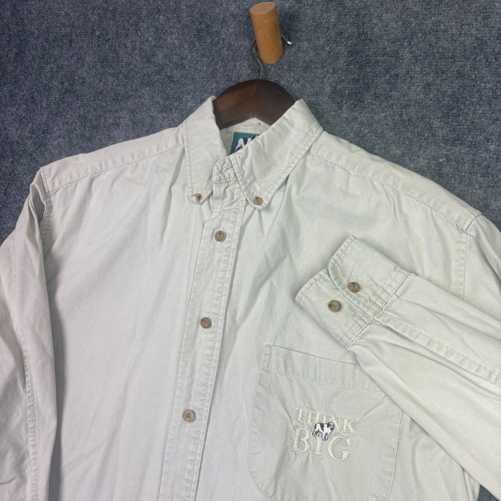 Big Dogs Button Down Shirt Mens Medium Khaki Think Big Embroidered Cotton Twill